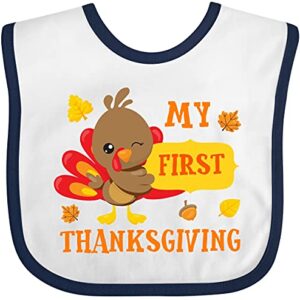 inktastic My First Thanksgiving with Turkey and Leaves Baby Bib White and Navy 2c777