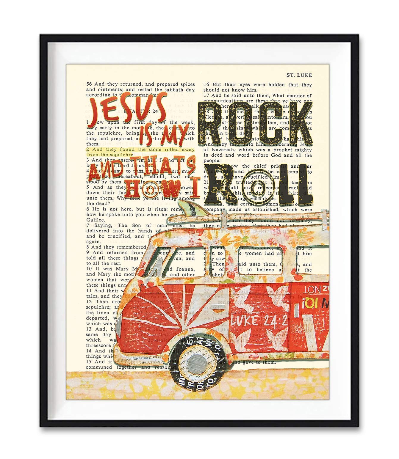 Jesus Is My Rock and That's How I Roll, Luke 24:2, Vintage Classic Antique Van Car Bible Verse Wall Art Print, Unframed, Christian Wall Decor Poster, 8x10 Inches