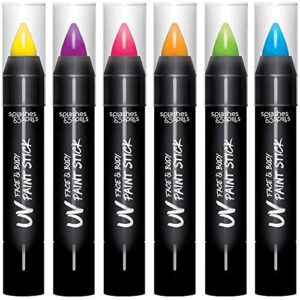 splashes & spills uv face and body paint sticks - uv body paint, uv face paint for costume, cosplay, theater, club - glows under uv light - black light paint for all skin types (6 colors)