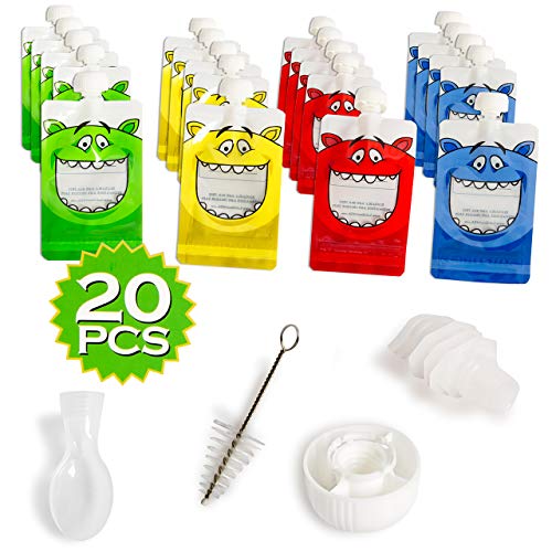 LifeSmart Reusable Food Pouches with Collapsible Funnel 20 Six Ounce Pouches 5 Caps Includes Cleaning Brush, Spoon Tops Clear Windows on The Front Excellent for Travel