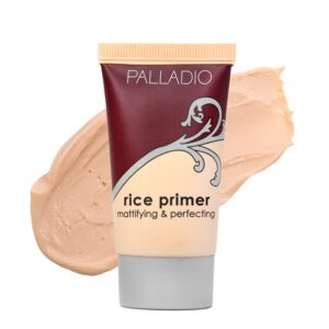 palladio rice primer, formulated with natural rice, controls oil on your skin and locks in makeup, lightweight with a smooth matte finish, reduces facial shine, for all skin types, beige, 0.71 fl oz