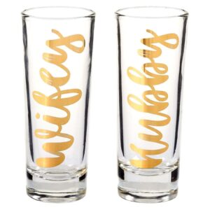 mr & mrs shot glasses - stylish and unique wedding gift, perfect for newlyweds, anniversary, bridal shower, and engagement - set of 2, 2 oz each, with stunning gold foil print