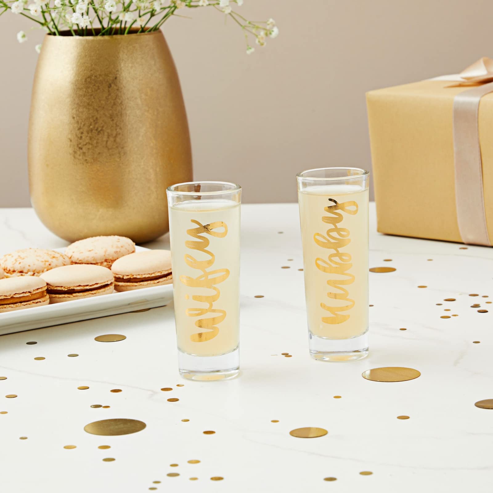 Mr & Mrs Shot Glasses - Stylish and Unique Wedding Gift, Perfect for Newlyweds, Anniversary, Bridal Shower, and Engagement - Set of 2, 2 oz Each, with Stunning Gold Foil Print