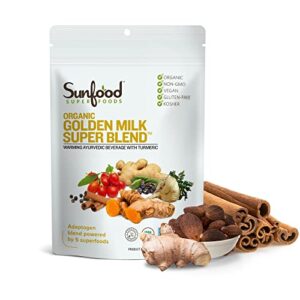 sunfood superfoods golden milk organic turmeric powder | 6 oz. bag, 56 servings | with ginger, black pepper, maca, goji berry & cinnamon | non gmo, vegan & gluten free