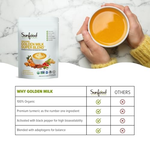 Sunfood Superfoods Golden Milk Organic Turmeric Powder | 6 oz. Bag, 56 Servings | with Ginger, Black Pepper, Maca, Goji Berry & Cinnamon | Non GMO, Vegan & Gluten Free