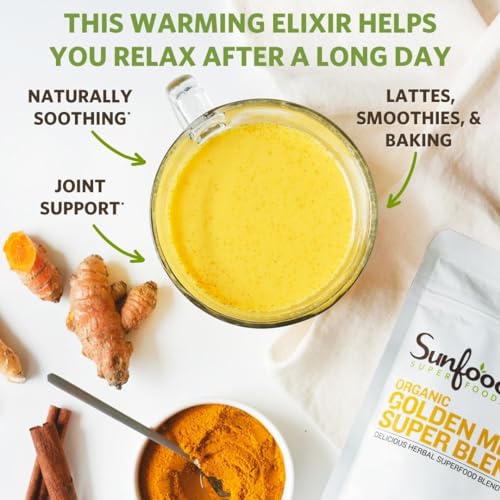 Sunfood Superfoods Golden Milk Organic Turmeric Powder | 6 oz. Bag, 56 Servings | with Ginger, Black Pepper, Maca, Goji Berry & Cinnamon | Non GMO, Vegan & Gluten Free