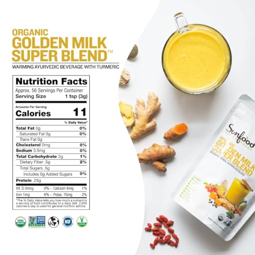 Sunfood Superfoods Golden Milk Organic Turmeric Powder | 6 oz. Bag, 56 Servings | with Ginger, Black Pepper, Maca, Goji Berry & Cinnamon | Non GMO, Vegan & Gluten Free