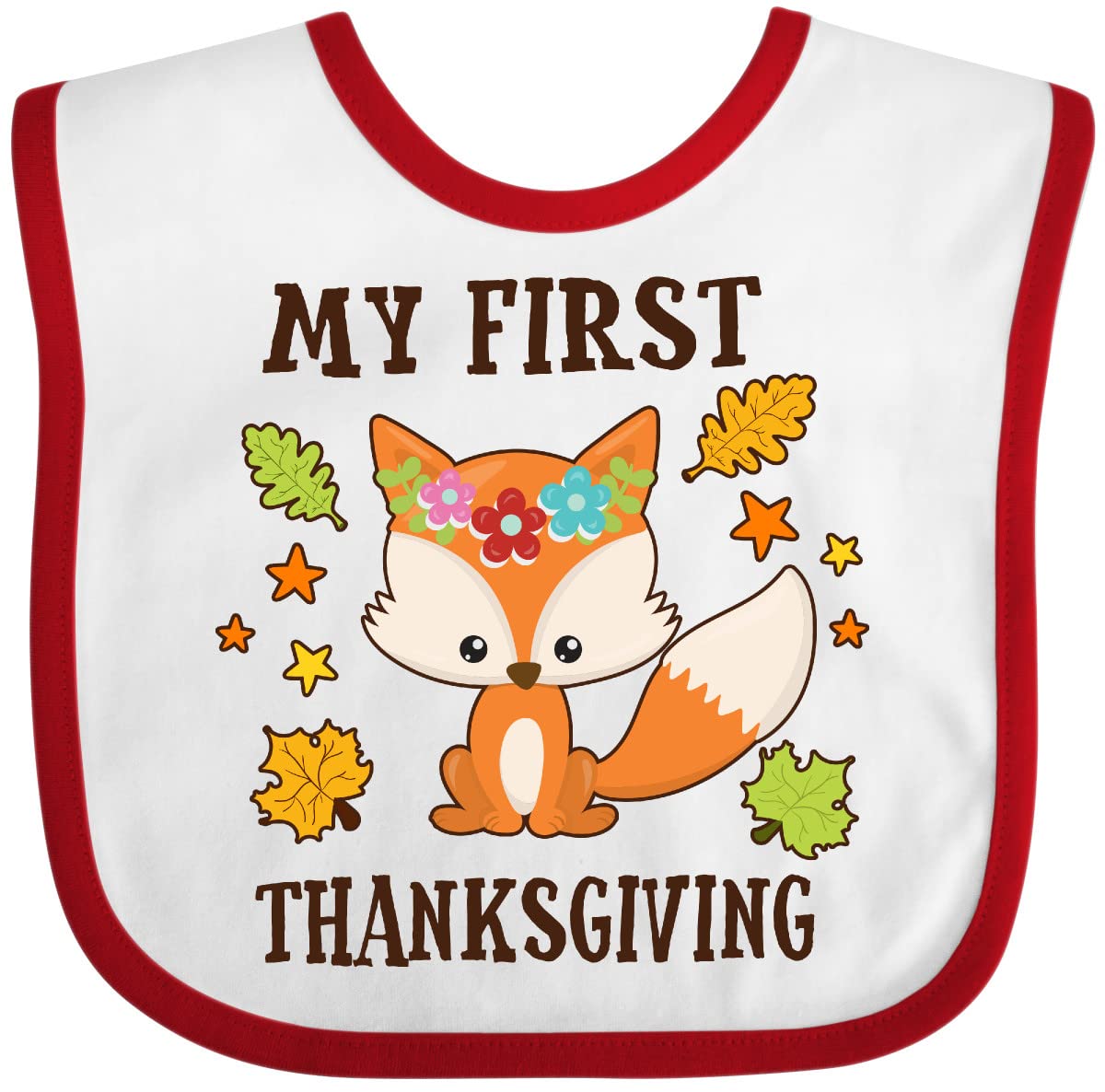 inktastic My First Thanksgiving with Fall Fox and Leaves Baby Bib White and Red 2c8ce