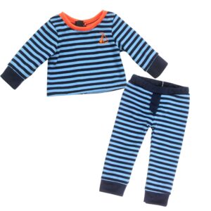 sophia's blue striped pajama shirt with long sleeves and orange sailboat embroidery detail plus matching pants 2 piece set for 18" boy dolls, blue