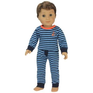 Sophia's Blue Striped Pajama Shirt with Long Sleeves and Orange Sailboat Embroidery Detail Plus Matching Pants 2 Piece Set for 18" Boy Dolls, Blue