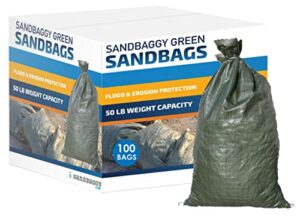 sandbaggy - heavy duty empty sandbags for flooding (14" x 26") - poly sand bags - flood barrier, weight, construction, earth bag homes - reusable, uv resistant - tie strings attached (100 bags)