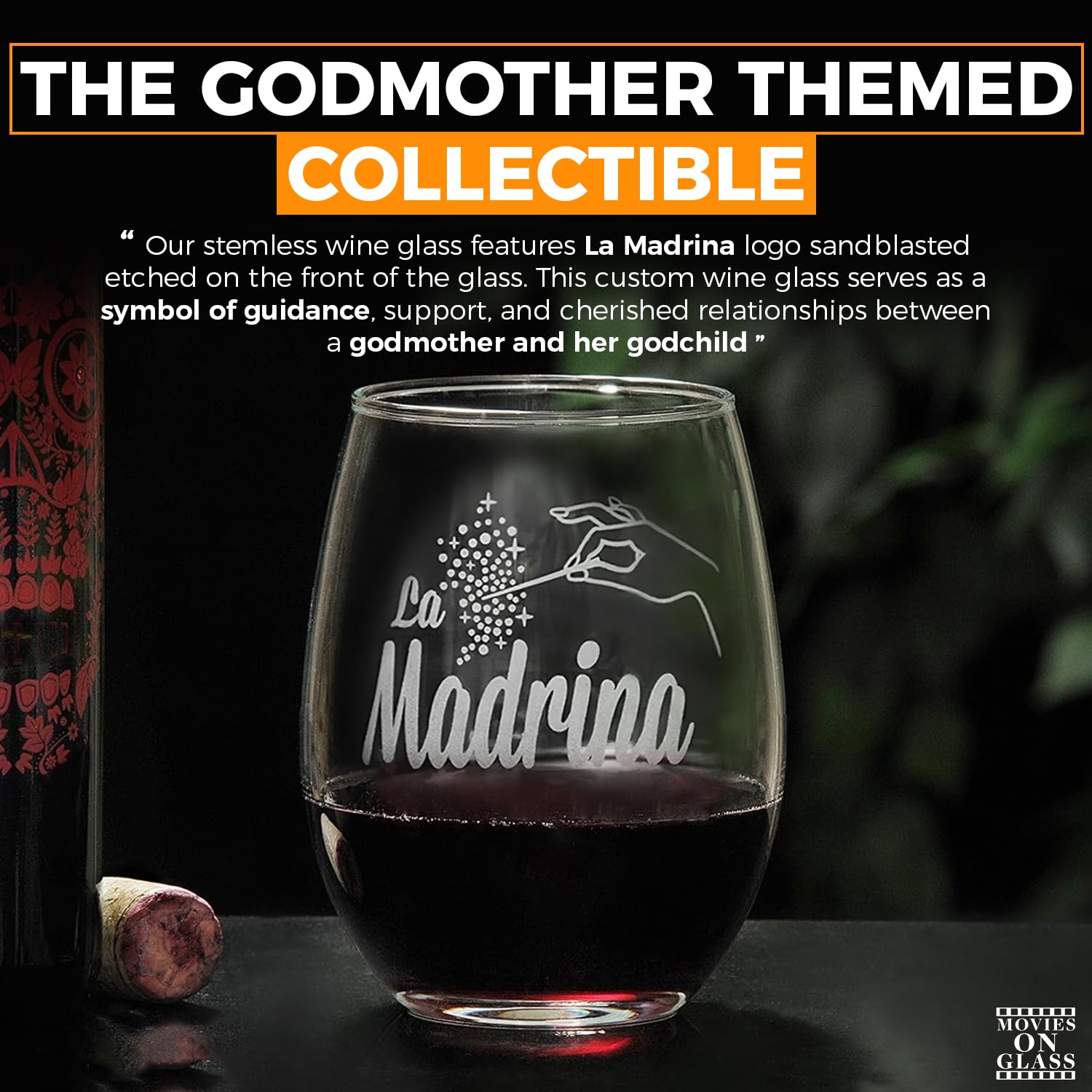 La Madrina Etched Stemless Wine Glass - Premium Quality, Handcrafted Glassware, 15 oz. - A Collectible Gift for Godparents, Birthdays, & Special Occasions