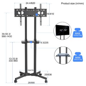 Suptek Mobile TV Cart Rolling TV Stand Mount with Wheels and Shelf for 32-70 inch LCD, LED, Plasma, Flat Screen Max VESA 600x400 (ML5074-3)