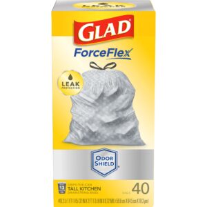 glad trash bags, forceflexplus tall kitchen drawstring garbage bags - 13 gallon white trash bag for kitchen trash can, odor shield, odor eliminator, leak protection, 40 count - packaging may vary