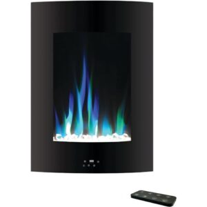 cambridge 27 inch tall vertical wall mounted curved panel electric fireplace heater with led multicolor flames, crystal rocks, remote control for living room, bedroom, home office, black