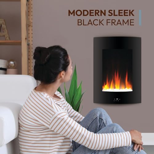 Cambridge 27 Inch Tall Vertical Wall Mounted Curved Panel Electric Fireplace Heater with LED Multicolor Flames, Crystal Rocks, Remote Control for Living Room, Bedroom, Home Office, Black