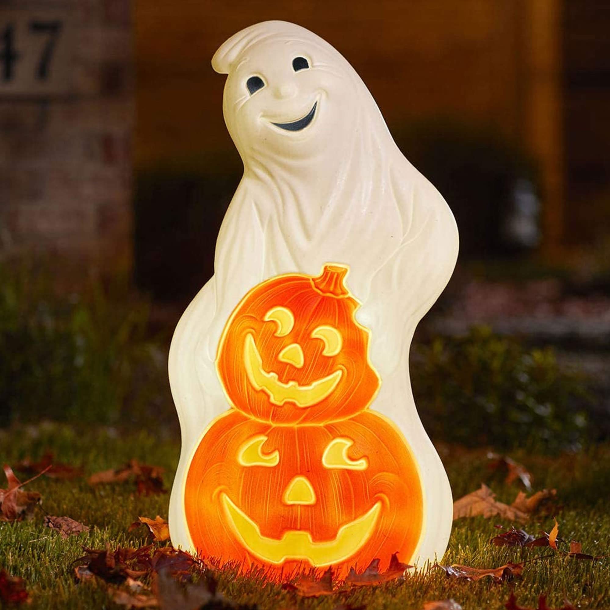 Union Products 56480 60-Watt Light Up Ghost and Pumpkin Halloween Outdoor Garden Statue Decoration Made from Blow-Molded Plastic, White/Orange