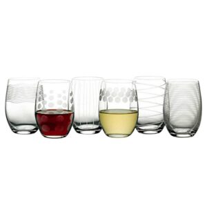 mikasa cheers stemless etched wine glasses, fine european lead-free crystal, 17-ounces for red or white wine - set of 6