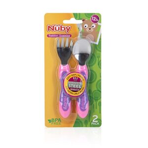 Nuby Stainless Steel Utensil, Pink/Purple, 2 Piece