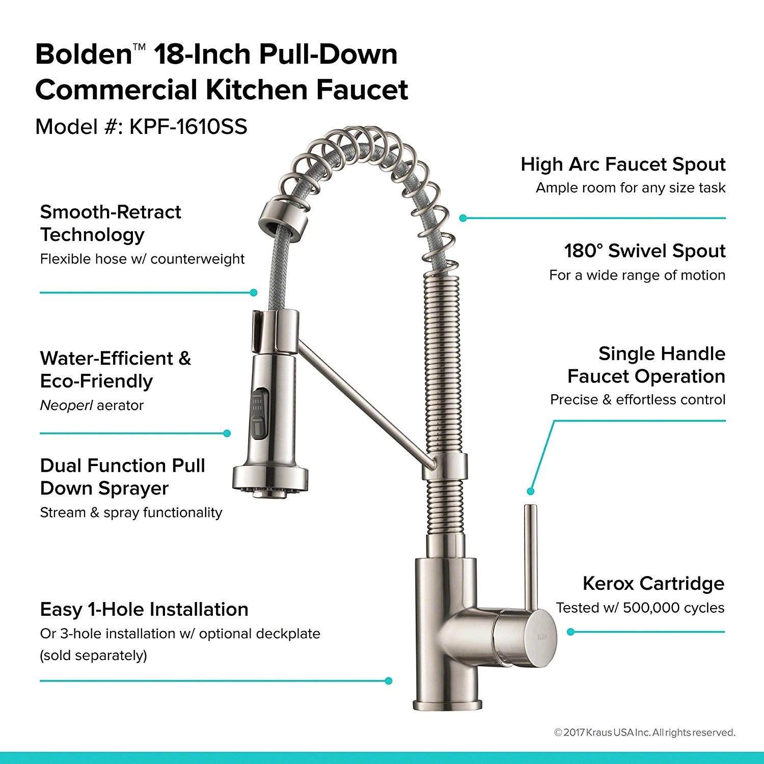 Kraus KPF-1610SS Bolden 18-Inch Commercial Kitchen Faucet with Dual Function Pull-Down Sprayhead in All-Brite Finish, Stainless Steel