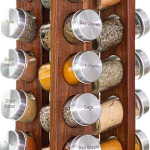 Orii 20 Jar Dark Acacia Wood Spice Rack with Spices Included - Rotating Tower Organizer for Kitchen Spices and Seasonings, Free Spice Refills for 5 Years (Dark Stained Acacia Wood)