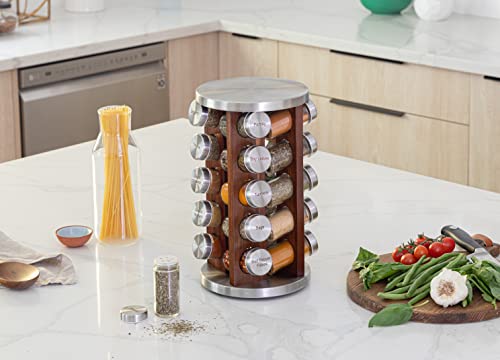 Orii 20 Jar Dark Acacia Wood Spice Rack with Spices Included - Rotating Tower Organizer for Kitchen Spices and Seasonings, Free Spice Refills for 5 Years (Dark Stained Acacia Wood)