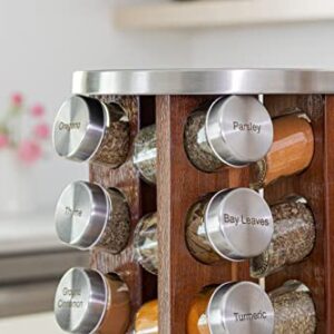 Orii 20 Jar Dark Acacia Wood Spice Rack with Spices Included - Rotating Tower Organizer for Kitchen Spices and Seasonings, Free Spice Refills for 5 Years (Dark Stained Acacia Wood)