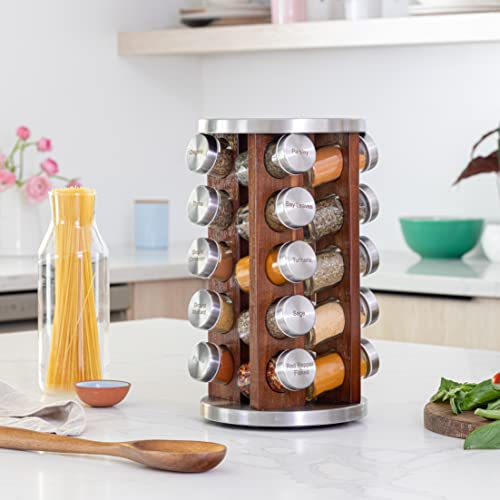 Orii 20 Jar Dark Acacia Wood Spice Rack with Spices Included - Rotating Tower Organizer for Kitchen Spices and Seasonings, Free Spice Refills for 5 Years (Dark Stained Acacia Wood)