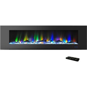 cambridge 72 inch wall mount electric fireplace heater with remote control, multicolor flames, and driftwood log display for indoor use in living room, bedroom, home office, black