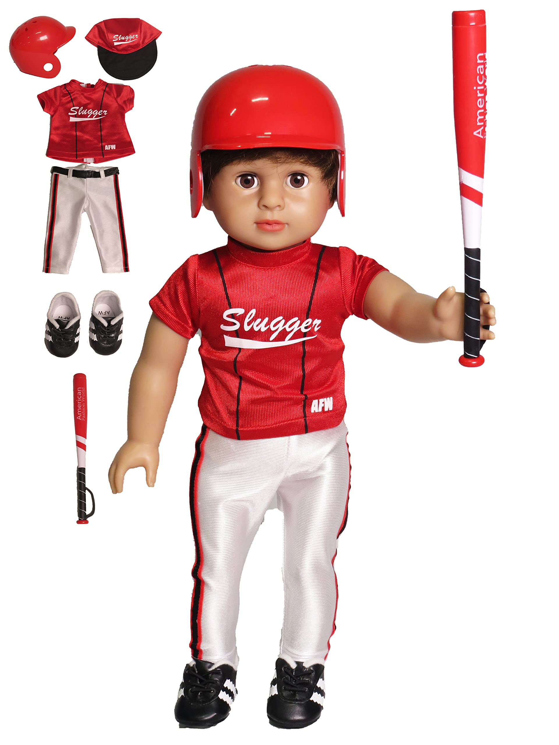 American Fashion World Red Baseball Uniform for 18-Inch Dolls | Accessories Included | Premium Quality & Trendy Design | Dolls Clothes | Outfit Fashions for Dolls for Popular Brands