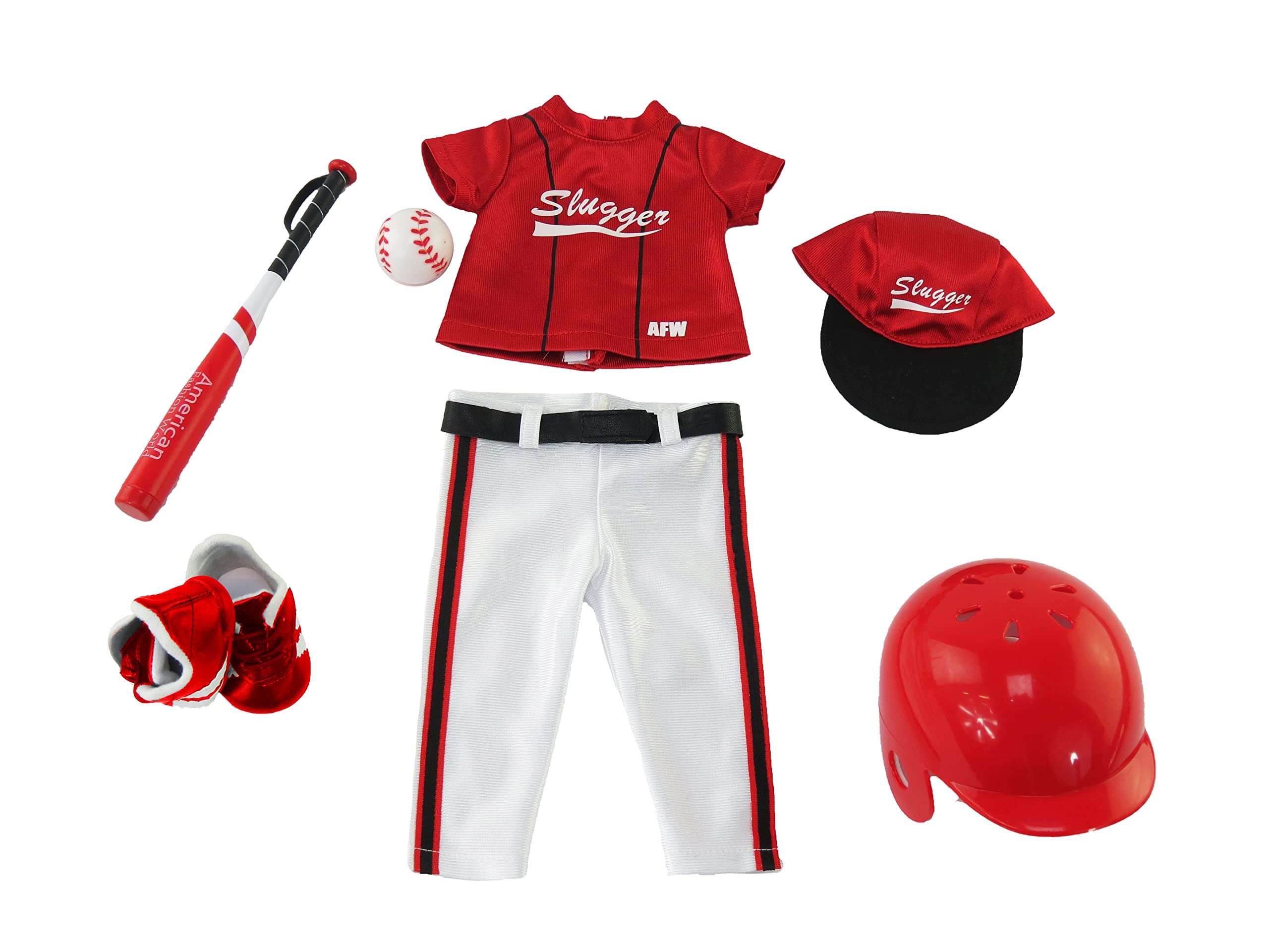 American Fashion World Red Baseball Uniform for 18-Inch Dolls | Accessories Included | Premium Quality & Trendy Design | Dolls Clothes | Outfit Fashions for Dolls for Popular Brands