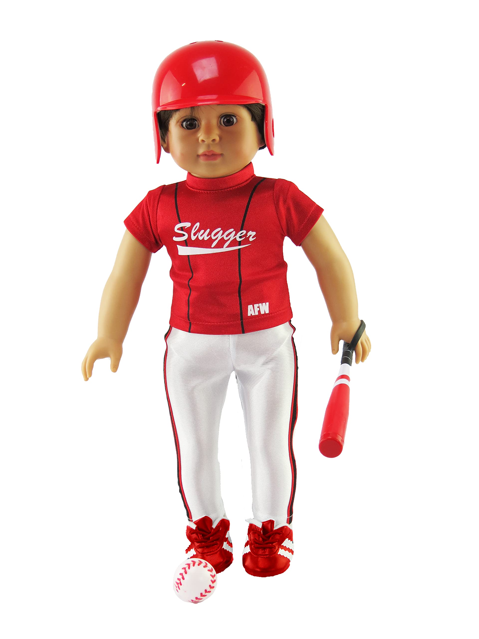 American Fashion World Red Baseball Uniform for 18-Inch Dolls | Accessories Included | Premium Quality & Trendy Design | Dolls Clothes | Outfit Fashions for Dolls for Popular Brands