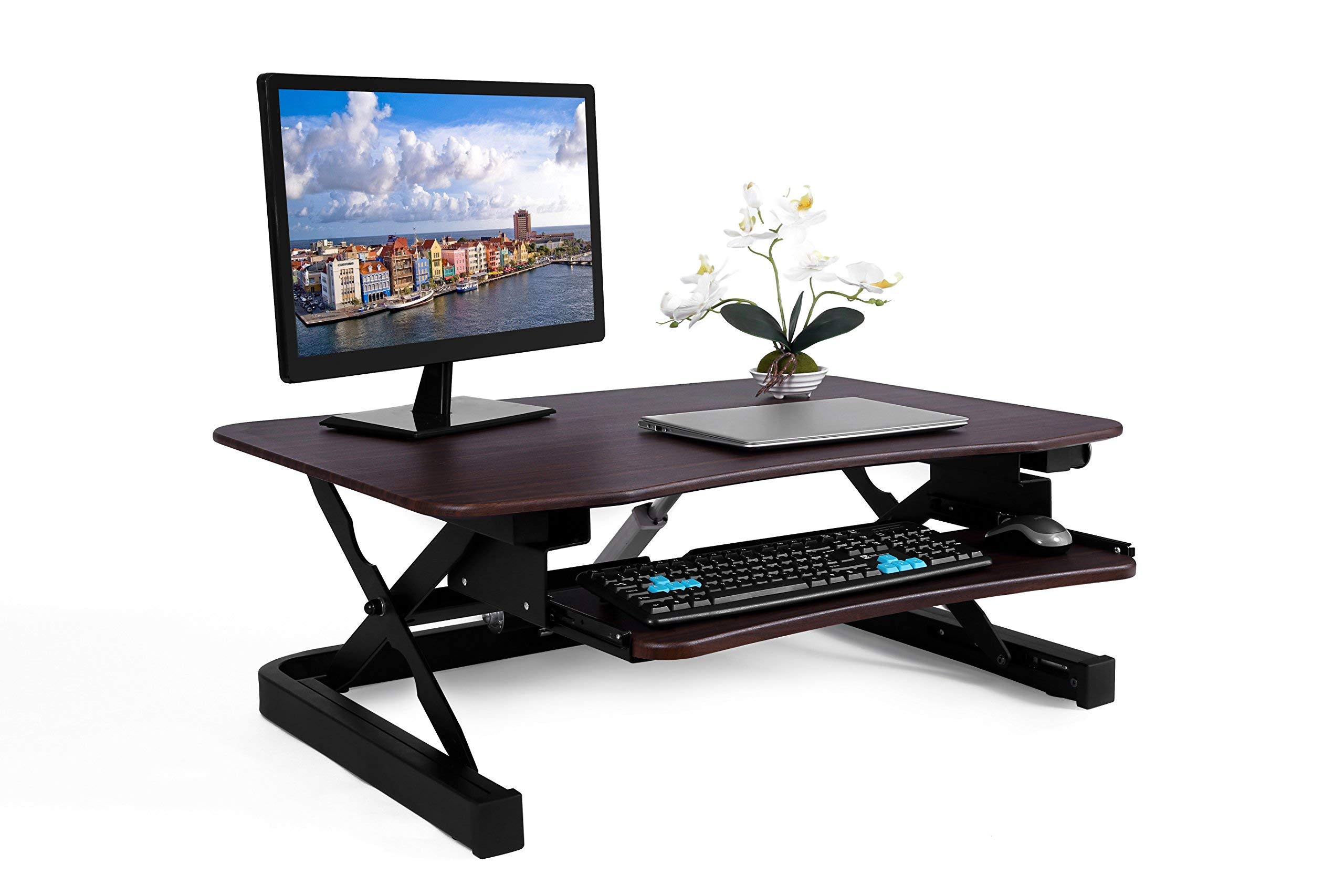 ApexDesk ZT Series Height Adjustable Sit to Stand Electric Desk Converter, 2-Tier Design with Large 36x24 Upper Work Surface and Lower Keyboard Tray Deck (Electric Riser, Walnut)