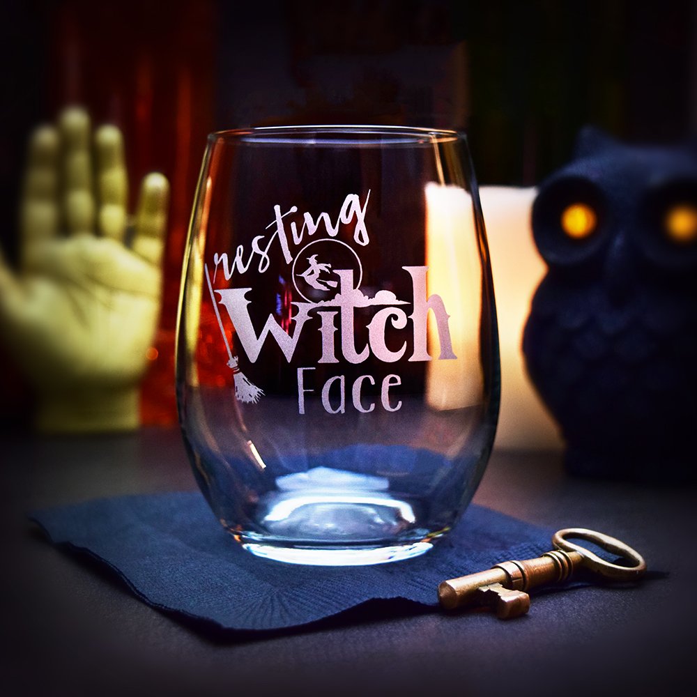 Funny Resting Witch Face Engraved Stemless Wine Glass