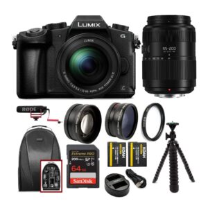 panasonic lumix g85 4k mirrorless camera with g vario 12-60mm and 45-200mm lens bundle with microphone, battery and dual charger, backpack, 64gb card, tripod, 58mm lens and protection filter (9 items)