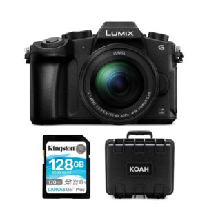 panasonic lumix g85 4k mirrorless camera with 12-60mm lens bundle with 128gb 170mb/s read memory card (sdg3/128gb) and waterproof hardcase bundle (3 items)