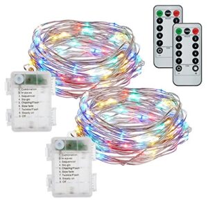buways fairy lights,2-pack battery operated waterproof multicolor 50 led fairy string lights,16.4ft silver wire light with remote control for christmas parties,garden and home decoration