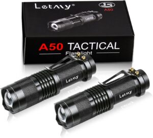 letmy tactical flashlight, super bright led mini flashlights with belt clip, zoomable, 3 modes, waterproof - best edc flashlight for gift, hiking, camping, hurricane & power outage (2 pack)
