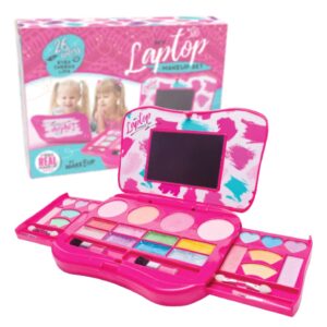 my first makeup set for young girls i kids makeup kit for little girls i foldable makeup palette with makeup mirror i pink set makeup for kids vanity i washable laptop design toddler makeup kit gift