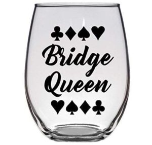 bridge card game player prize - bridge queen - gift for grandma - premium 21oz stemless wine glass