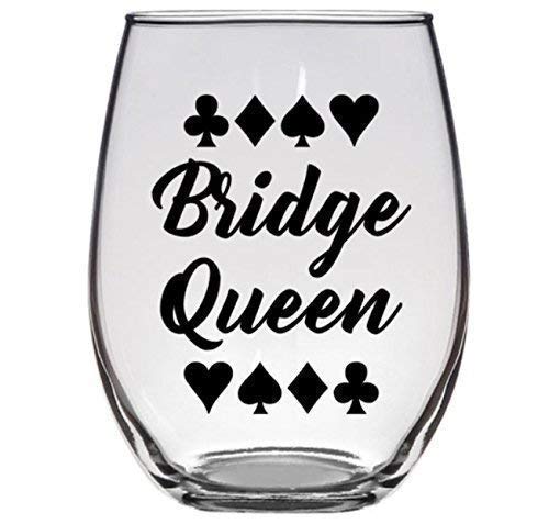 Bridge Card Game Player Prize - Bridge Queen - Gift for Grandma - Premium 21oz Stemless Wine Glass