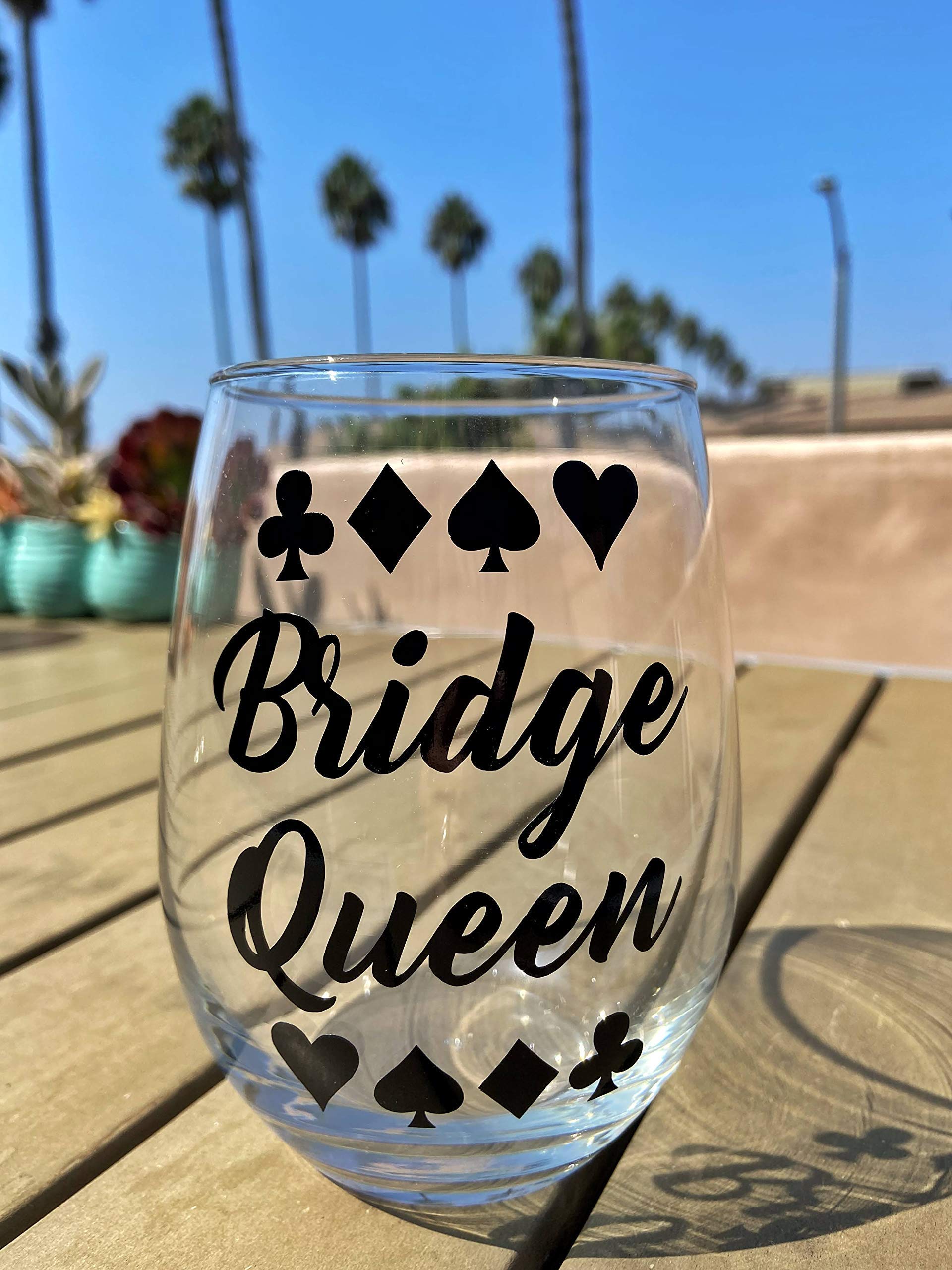 Bridge Card Game Player Prize - Bridge Queen - Gift for Grandma - Premium 21oz Stemless Wine Glass