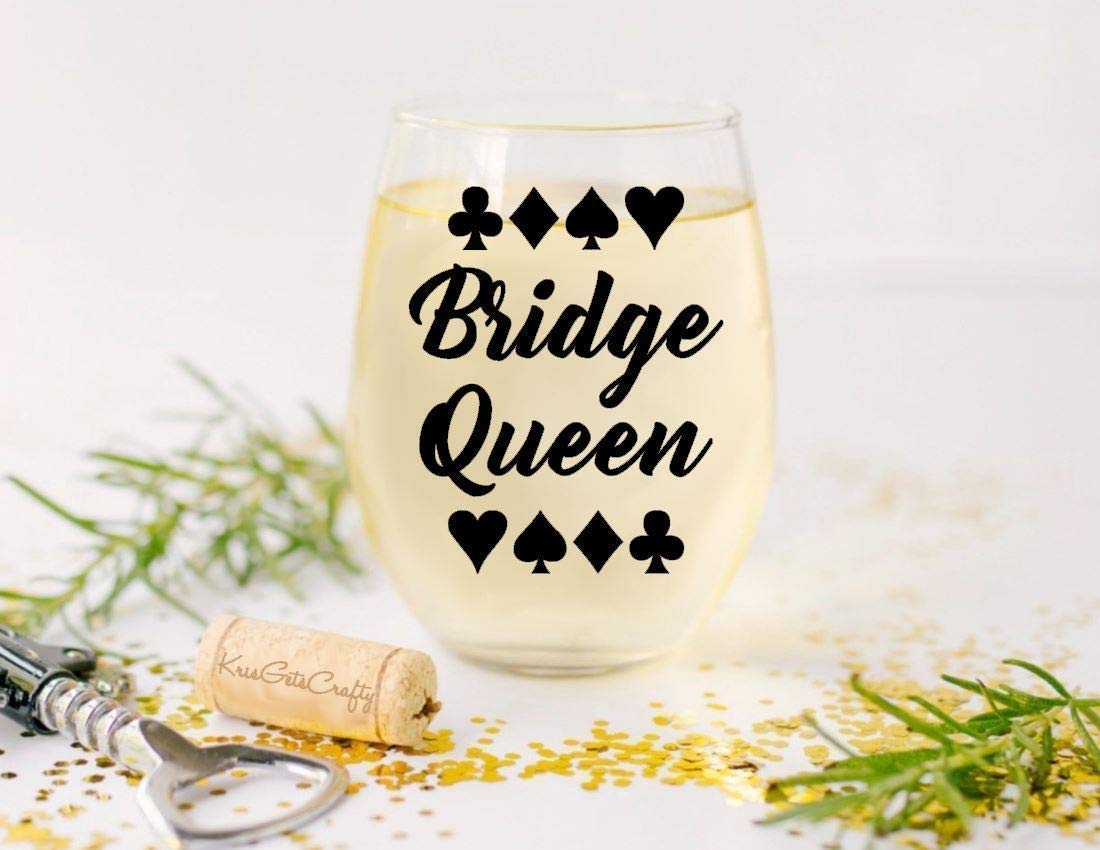 Bridge Card Game Player Prize - Bridge Queen - Gift for Grandma - Premium 21oz Stemless Wine Glass