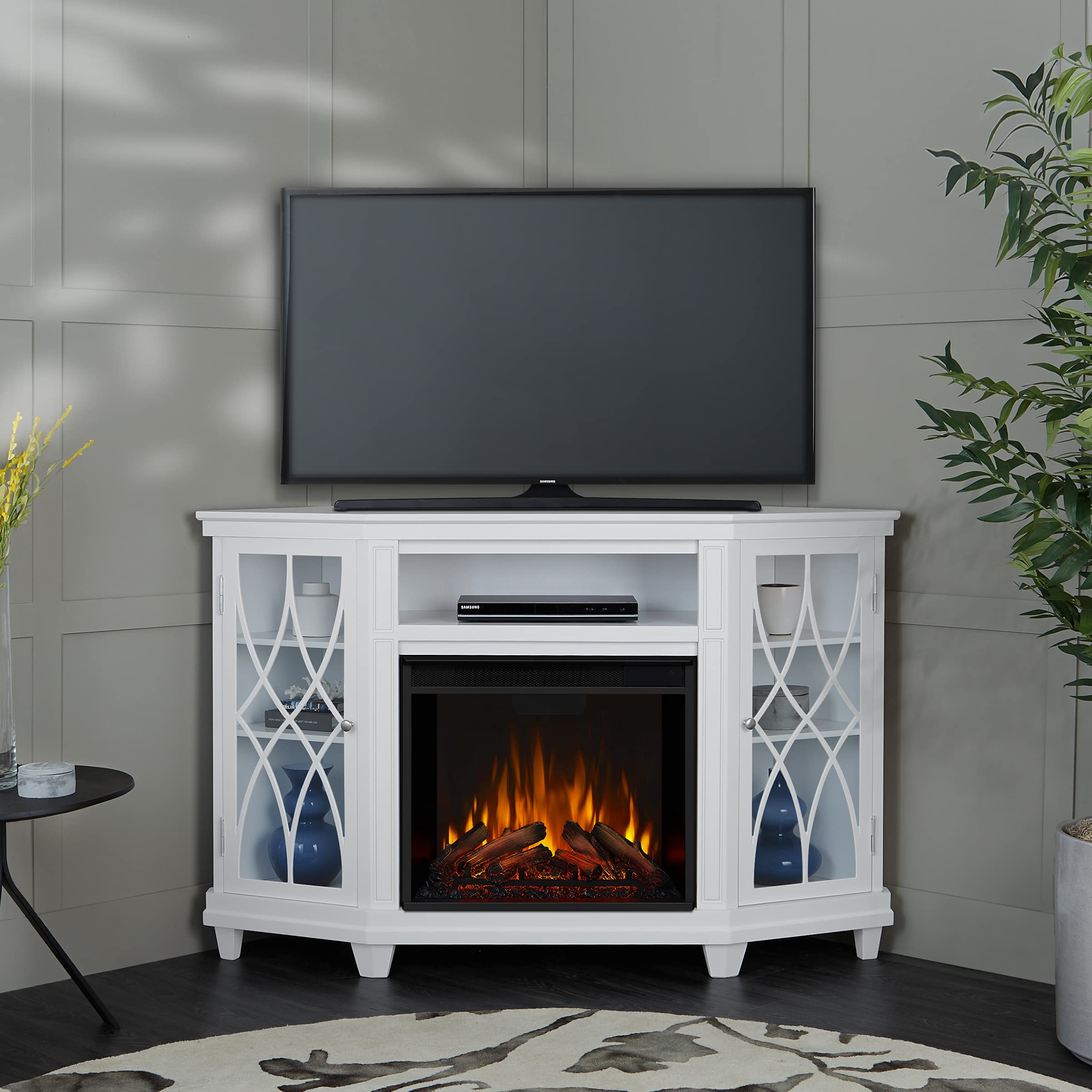 Lynette 56" Corner Electric Fireplace TV Stand in White by Real Flame