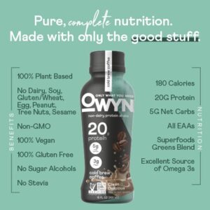 OWYN Only What You Need Vegan Plant-Based Protein Shake, Cold Brew Coffee, 12 Pack, with 20g Plant Protein, Omega-3, Prebiotic supplements, Superfoods Greens Blend, Gluten-Free, Soy-Free, Non-GMO