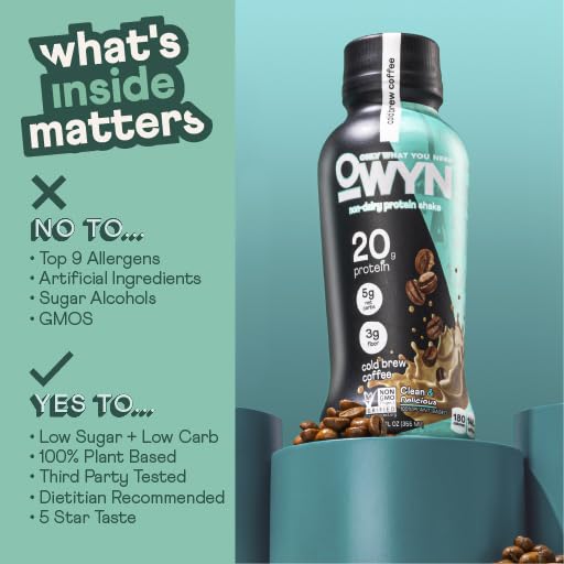 OWYN Only What You Need Vegan Plant-Based Protein Shake, Cold Brew Coffee, 12 Pack, with 20g Plant Protein, Omega-3, Prebiotic supplements, Superfoods Greens Blend, Gluten-Free, Soy-Free, Non-GMO