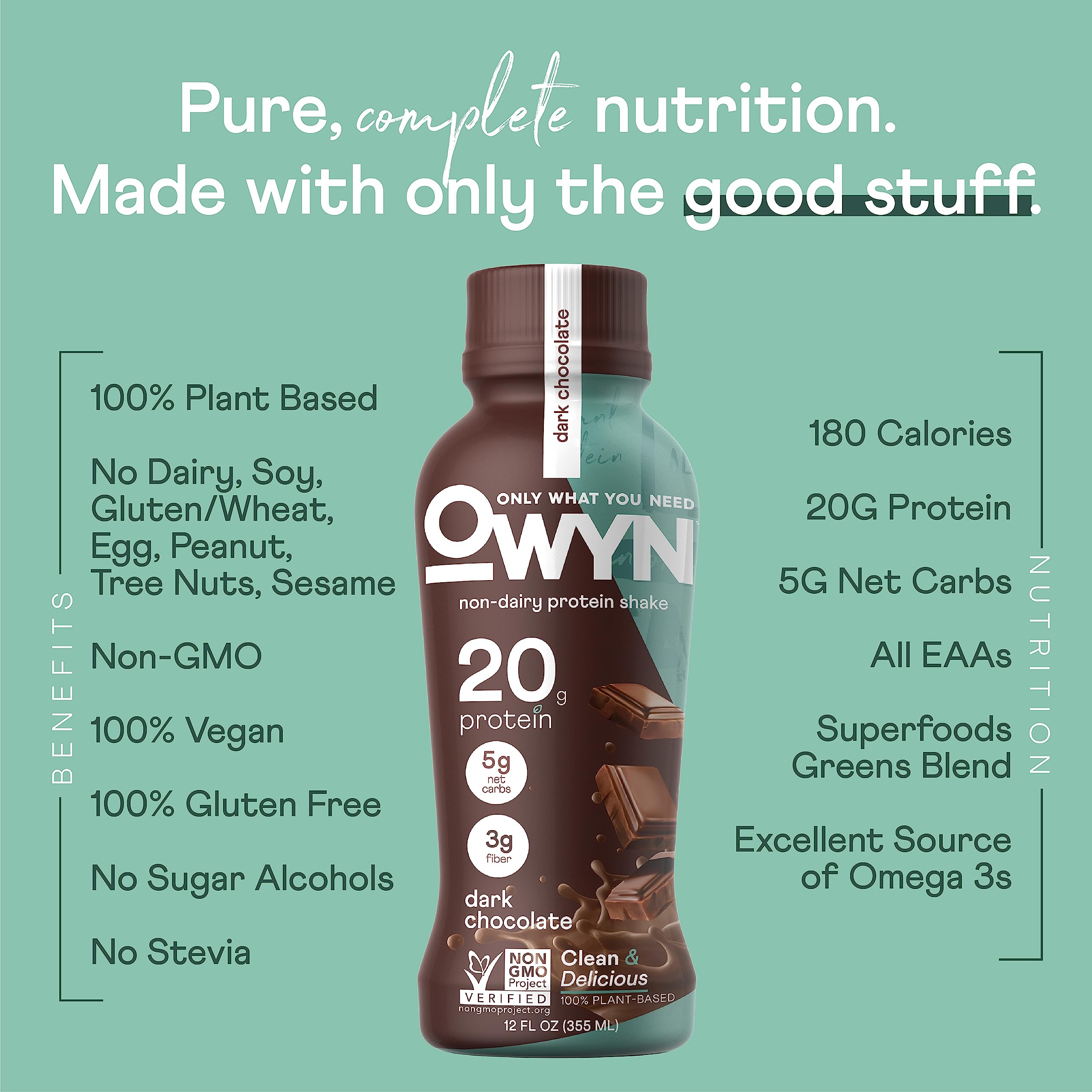 OWYN, Vegan Protein Shake, Dark Chocolate,12 Fl Oz (Pack of 12), 100-Percent Plant-Based, Dairy-Free, Gluten-Free, Soy-Free, Tree Nut-Free, Egg-Free, Allergy-Free, Vegetarian, Kosher …