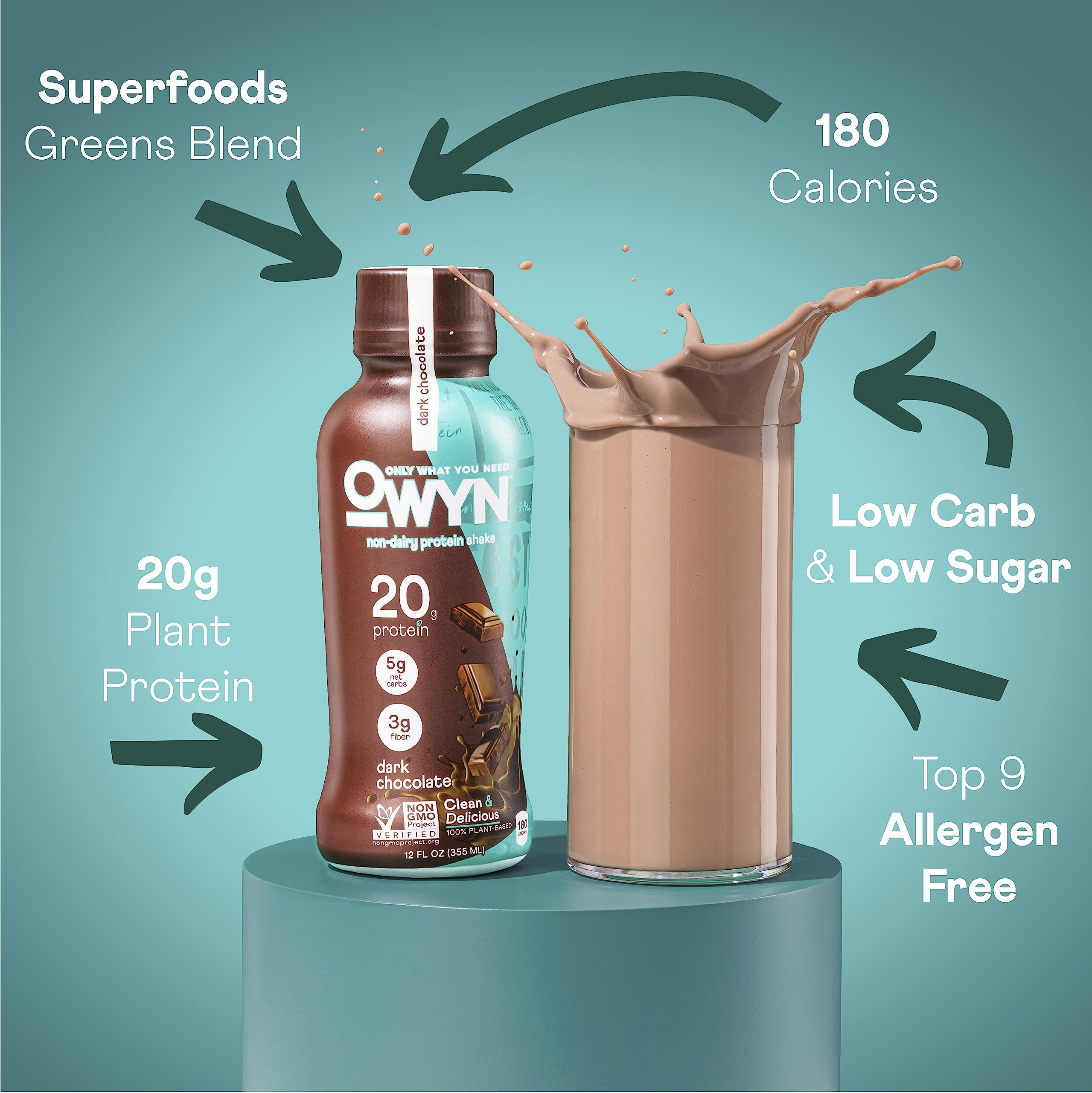 OWYN, Vegan Protein Shake, Dark Chocolate,12 Fl Oz (Pack of 12), 100-Percent Plant-Based, Dairy-Free, Gluten-Free, Soy-Free, Tree Nut-Free, Egg-Free, Allergy-Free, Vegetarian, Kosher …