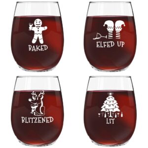 drunk christmas funny stemless wine glasses set of 4 | hilarious christmas themed wine glass for holiday party | 4 designs | 15 oz cheerful party cups & gift exchange idea for white elephant, xmas