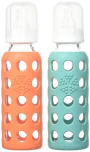 lifefactory 9oz glass baby bottle 2pk bundle with 2 stage 2 nipples (kale/papaya)